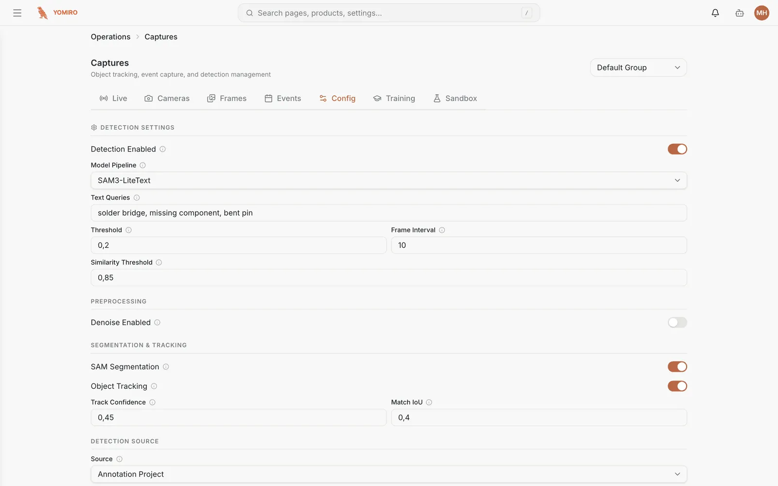 The Captures Config tab with detection settings, preprocessing, tracking and detection source