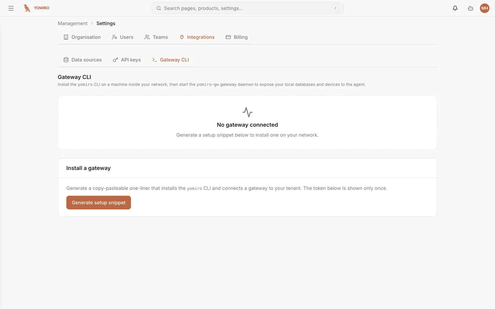 The Gateway CLI page showing connection status and the setup snippet