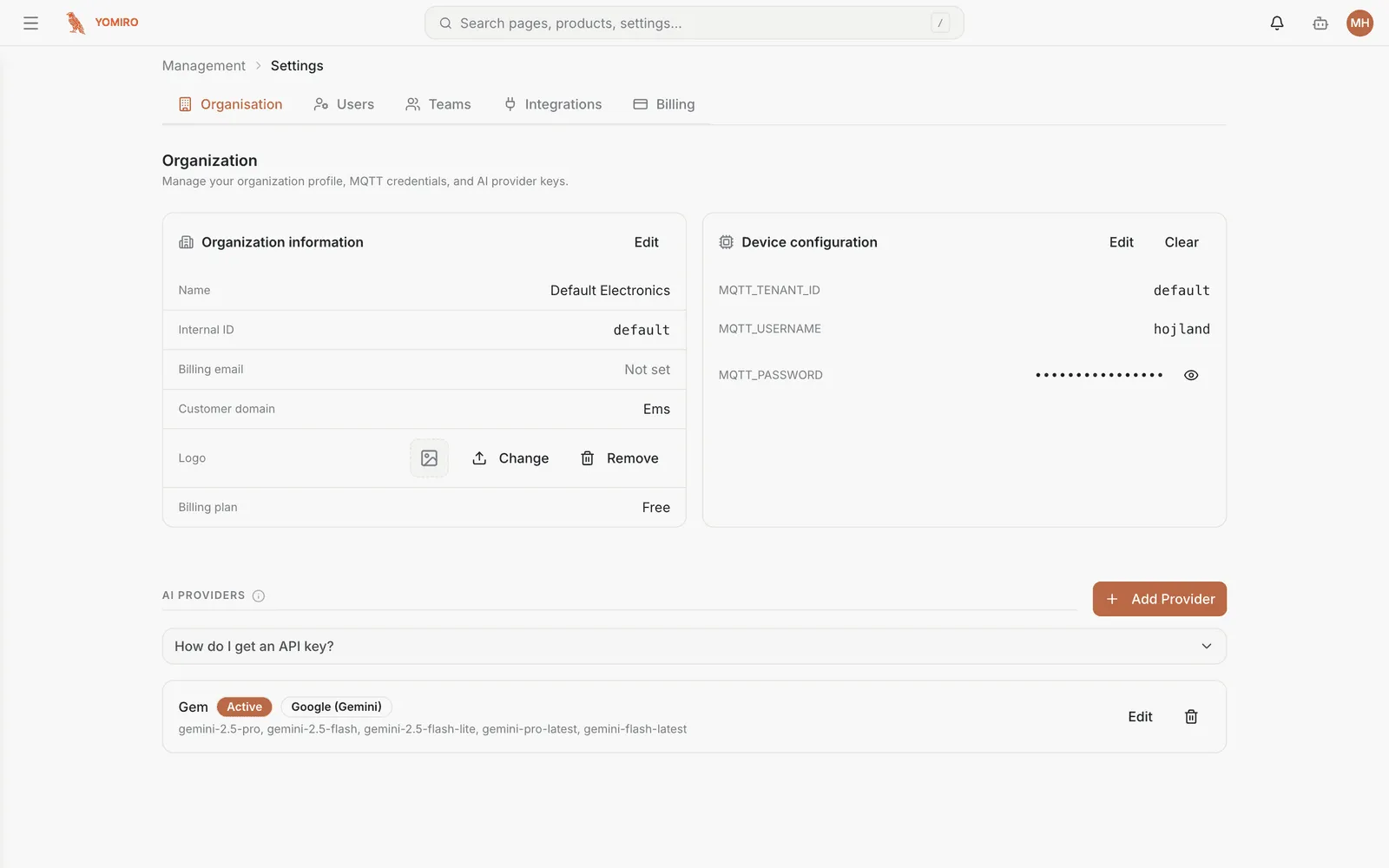 The Organisation settings page
